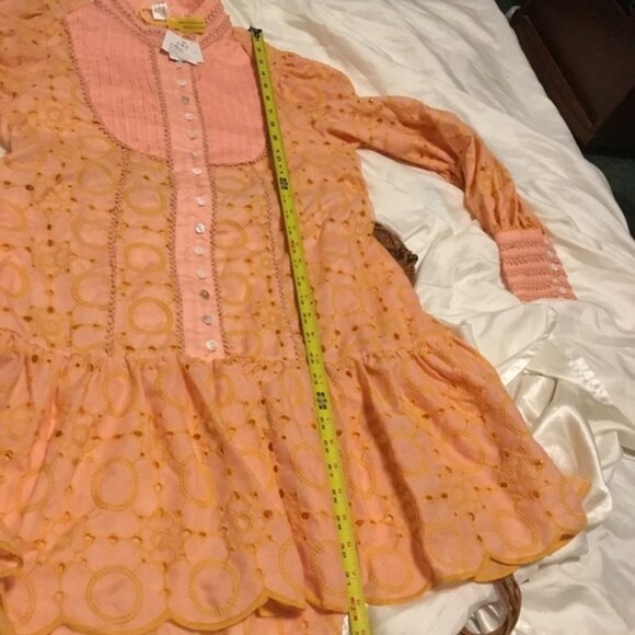 Vintage Orange Eyelet Button Down Cottage core Lace Details long Sleeve Dress S - Picture 13 of 15
